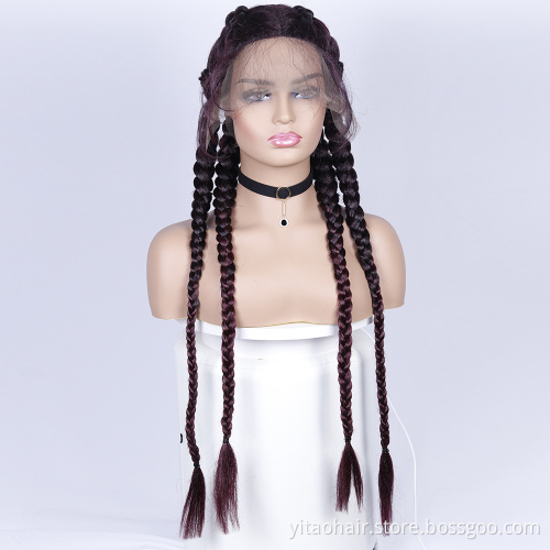 FZY Braid Hair Wig Synthetic Hair Ombre Burgundy  Wigs 4 Long Box Braided 360 Lace Wigs  with baby hair For Black Women